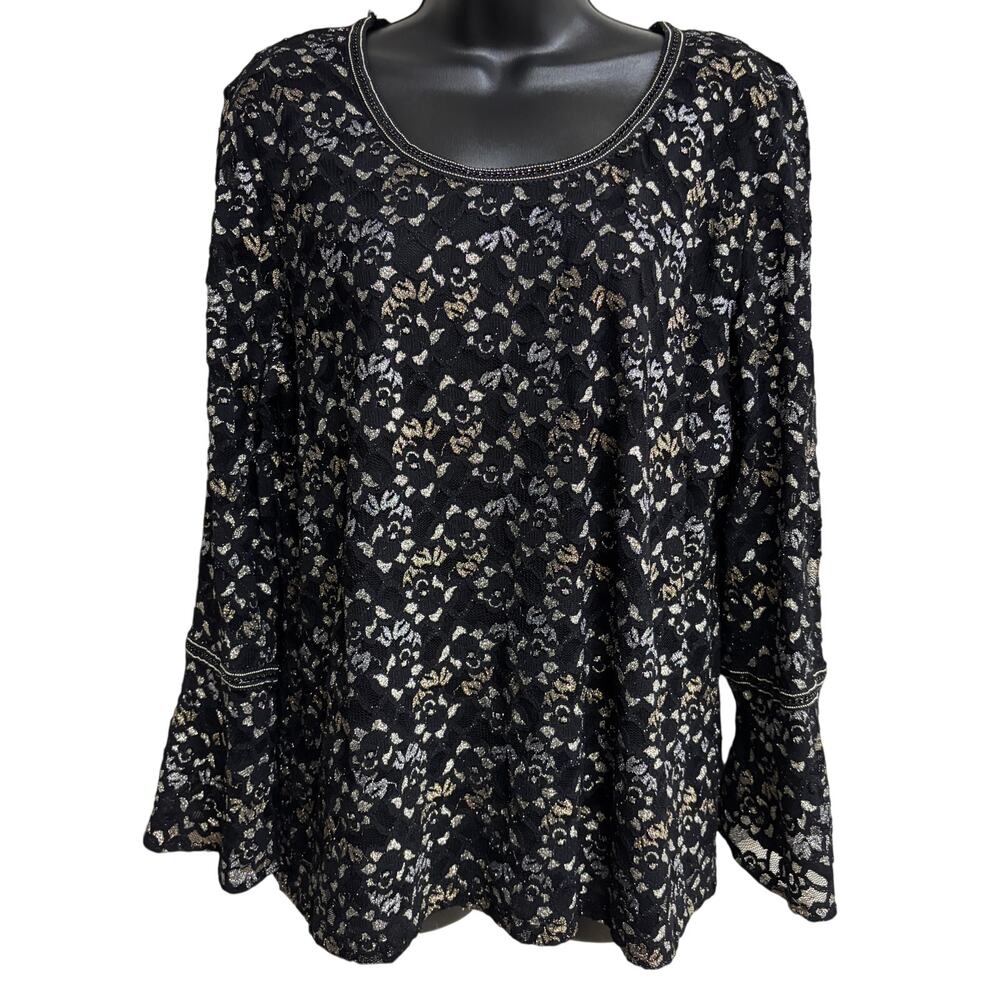 JM Collection Women Large Black Metallic Lace Top Bell Sleeve Stretch Blouse EUC